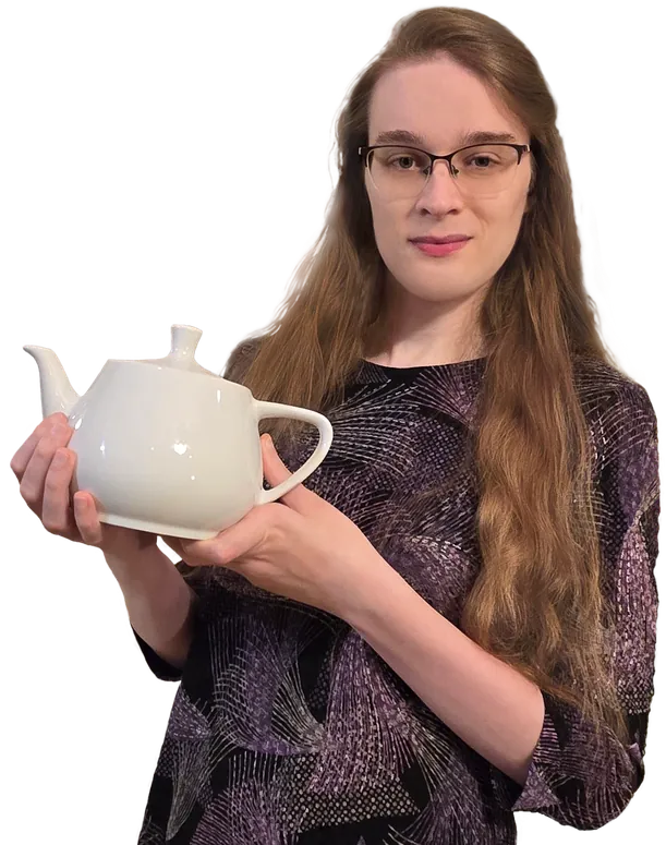 Portrait of Agatha Mallett holding a Utah Teapot.
